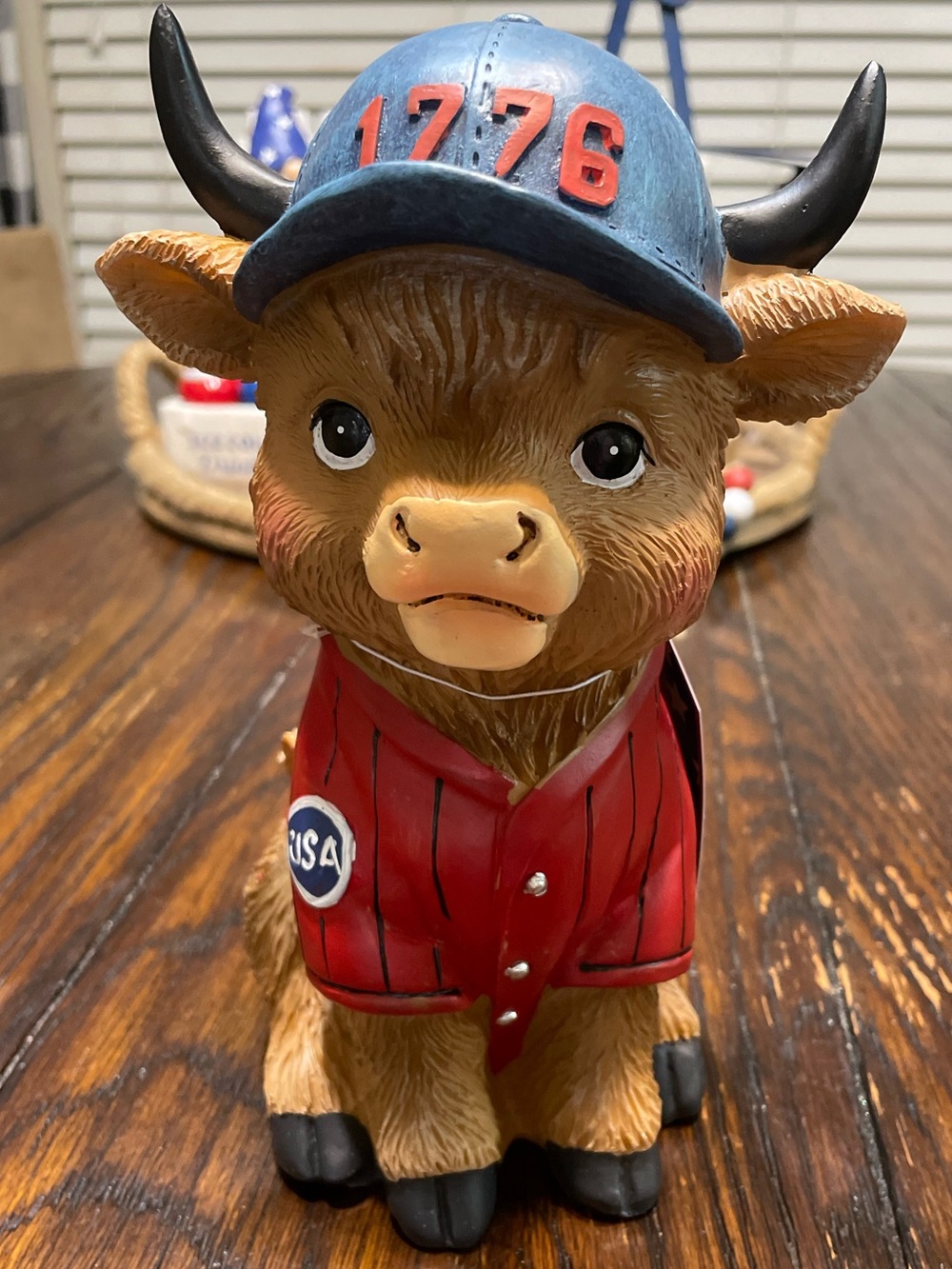 8” Patriotic Cow Figurine with Blue Cap and Red Jacket